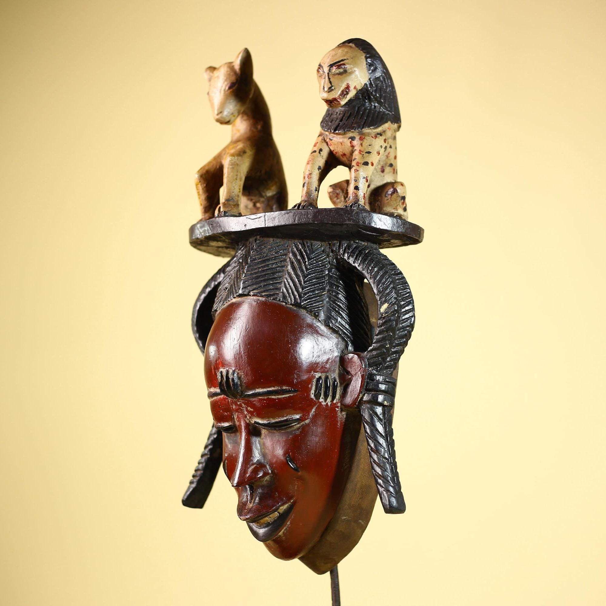 African Vintage Guro Mask with Two Animal Figures Hand Carved Tribal Art-G6046