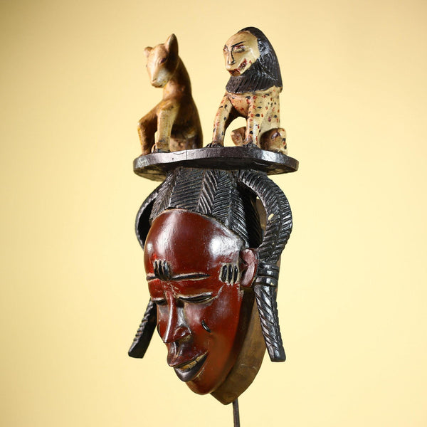 African Vintage Guro Mask with Two Animal Figures Hand Carved Tribal Art-G6046