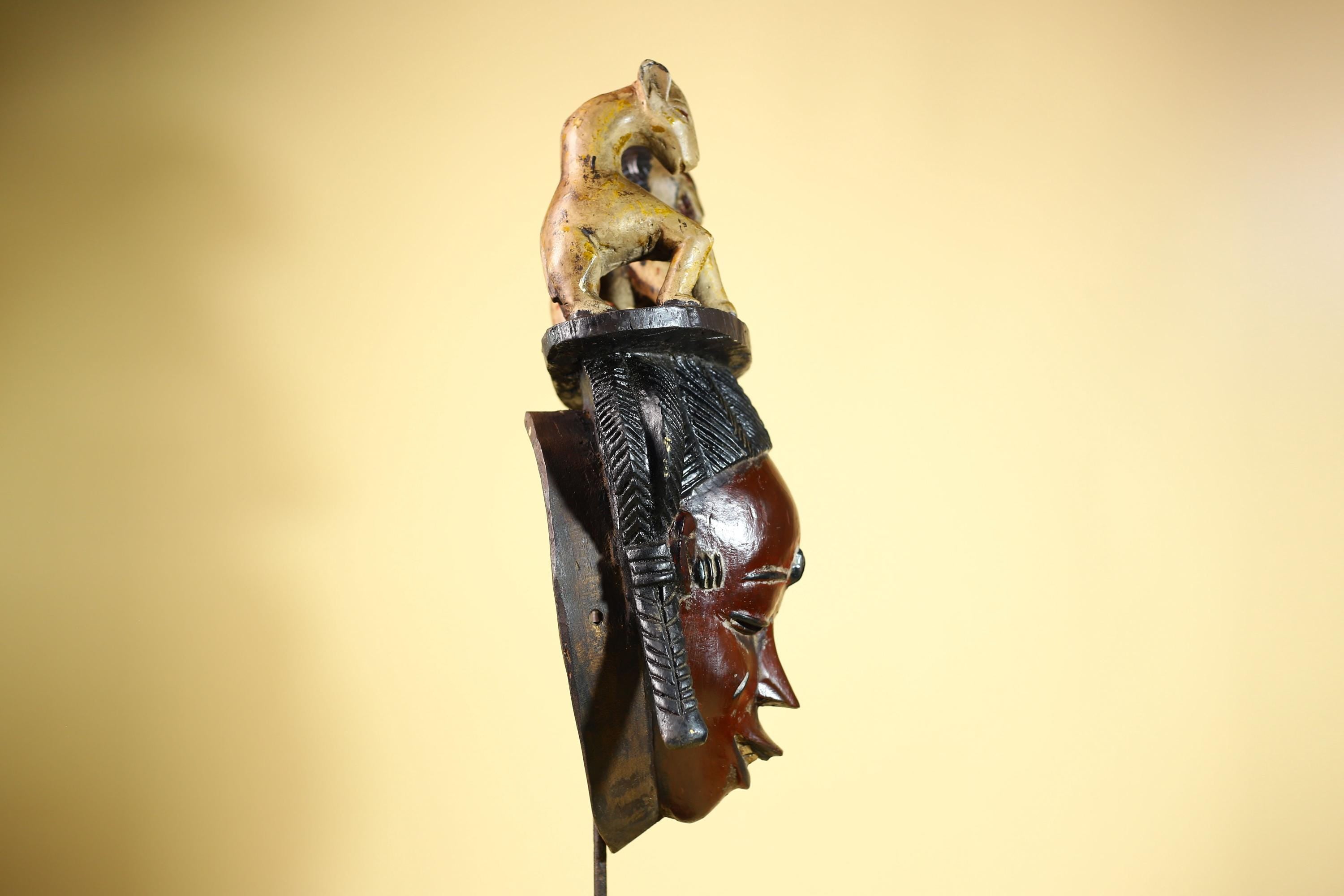 African Vintage Guro Mask with Two Animal Figures Hand Carved Tribal Art-G6046