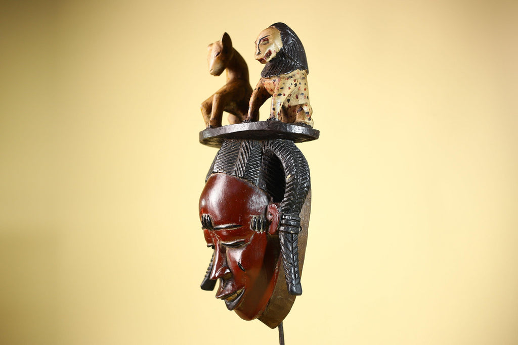 African Vintage Guro Mask with Two Animal Figures Hand Carved Tribal Art-G6046