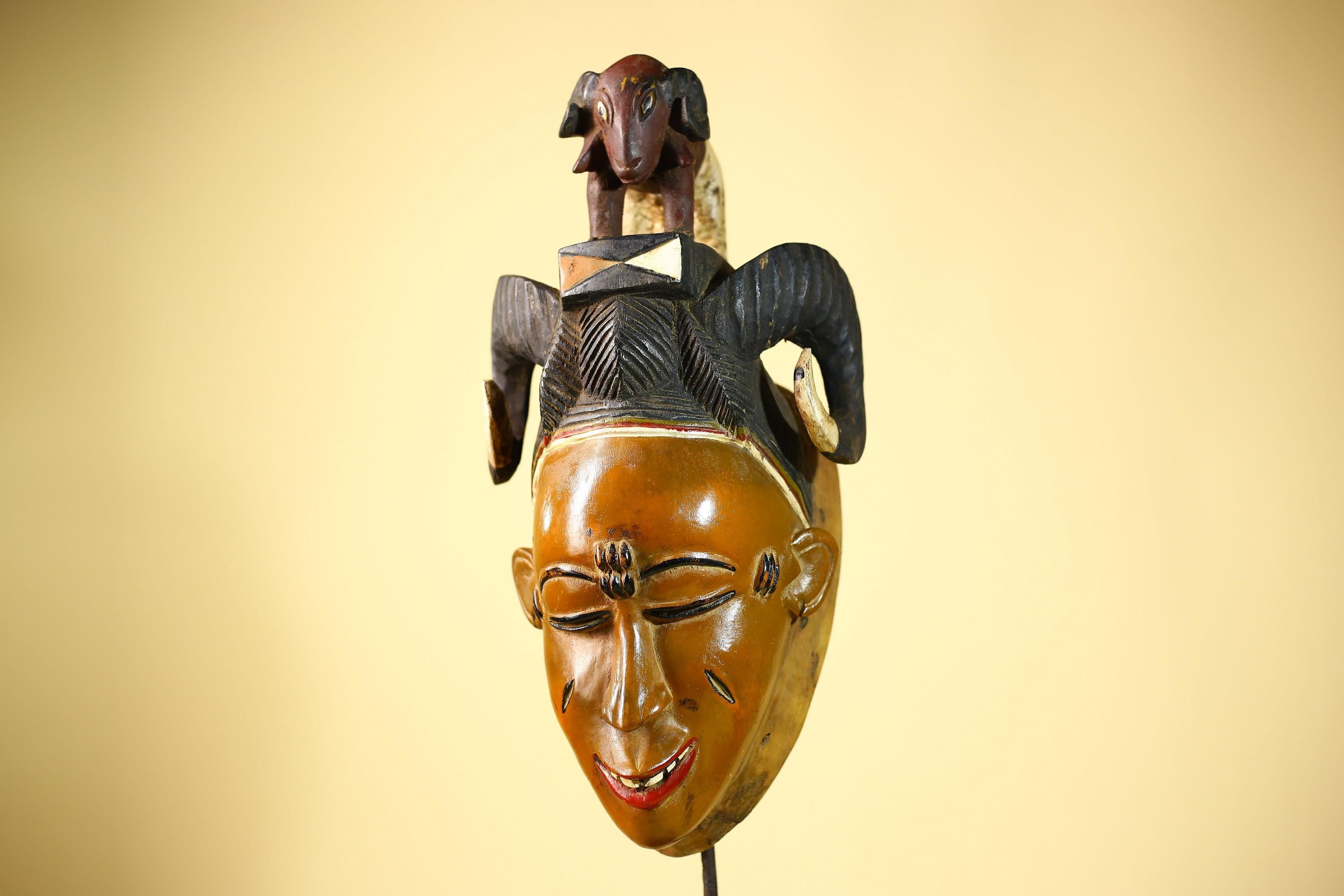Vintage Guro African Mask with Ram Figure Hand Carved Wood Tribal Art-G6047
