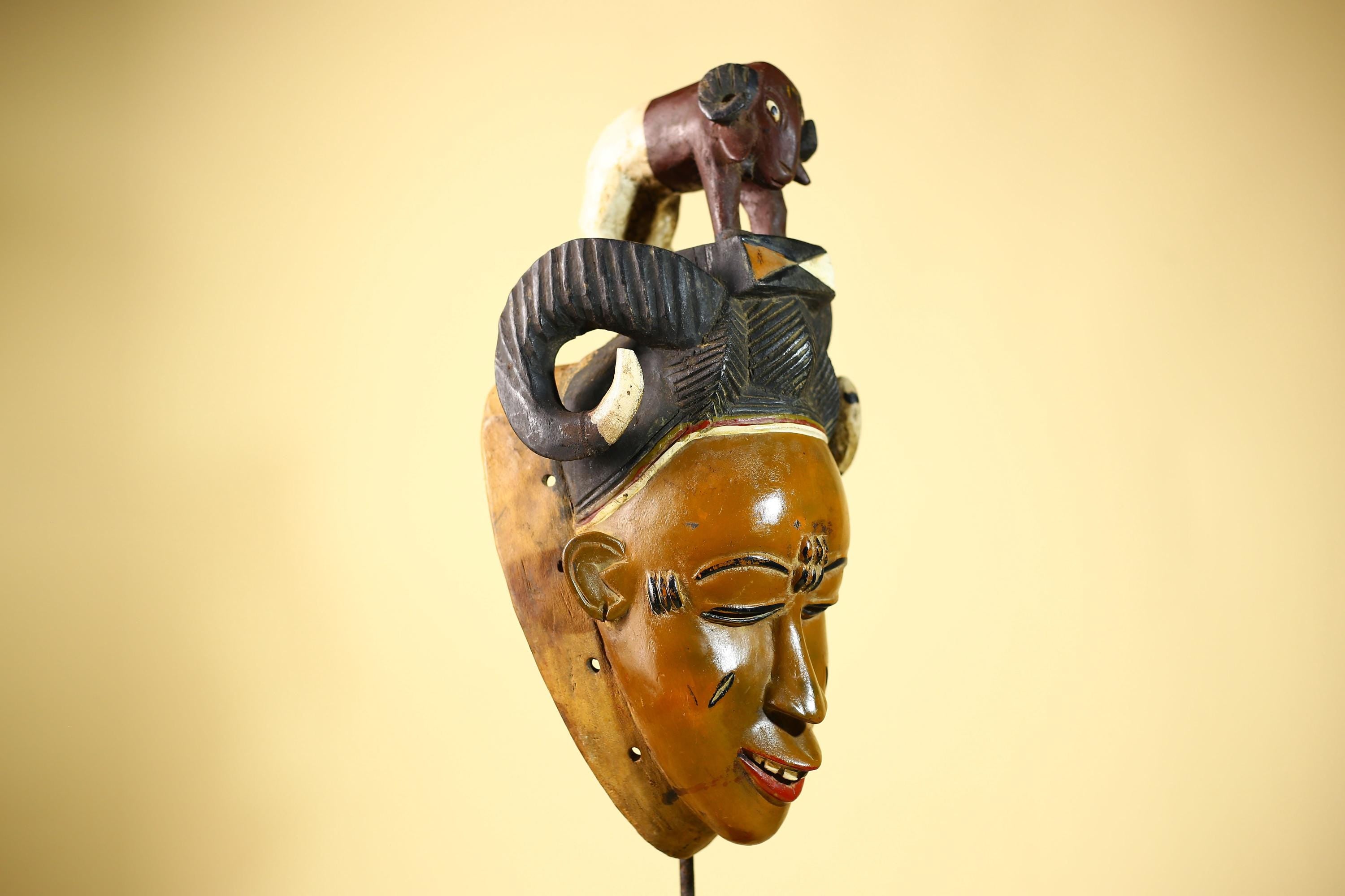 Vintage Guro African Mask with Ram Figure Hand Carved Wood Tribal Art-G6047