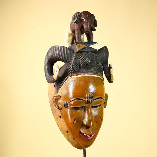 Vintage Guro African Mask with Ram Figure Hand Carved Wood Tribal Art-G6047