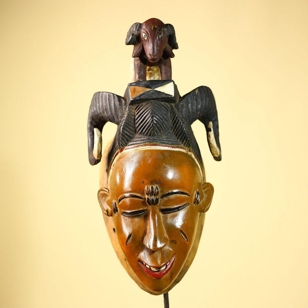 Vintage Guro African Mask with Ram Figure Hand Carved Wood Tribal Art-G6047