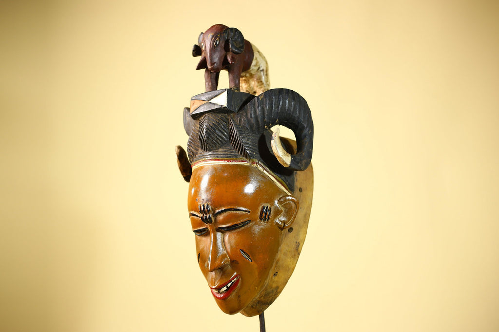 Vintage Guro African Mask with Ram Figure Hand Carved Wood Tribal Art-G6047