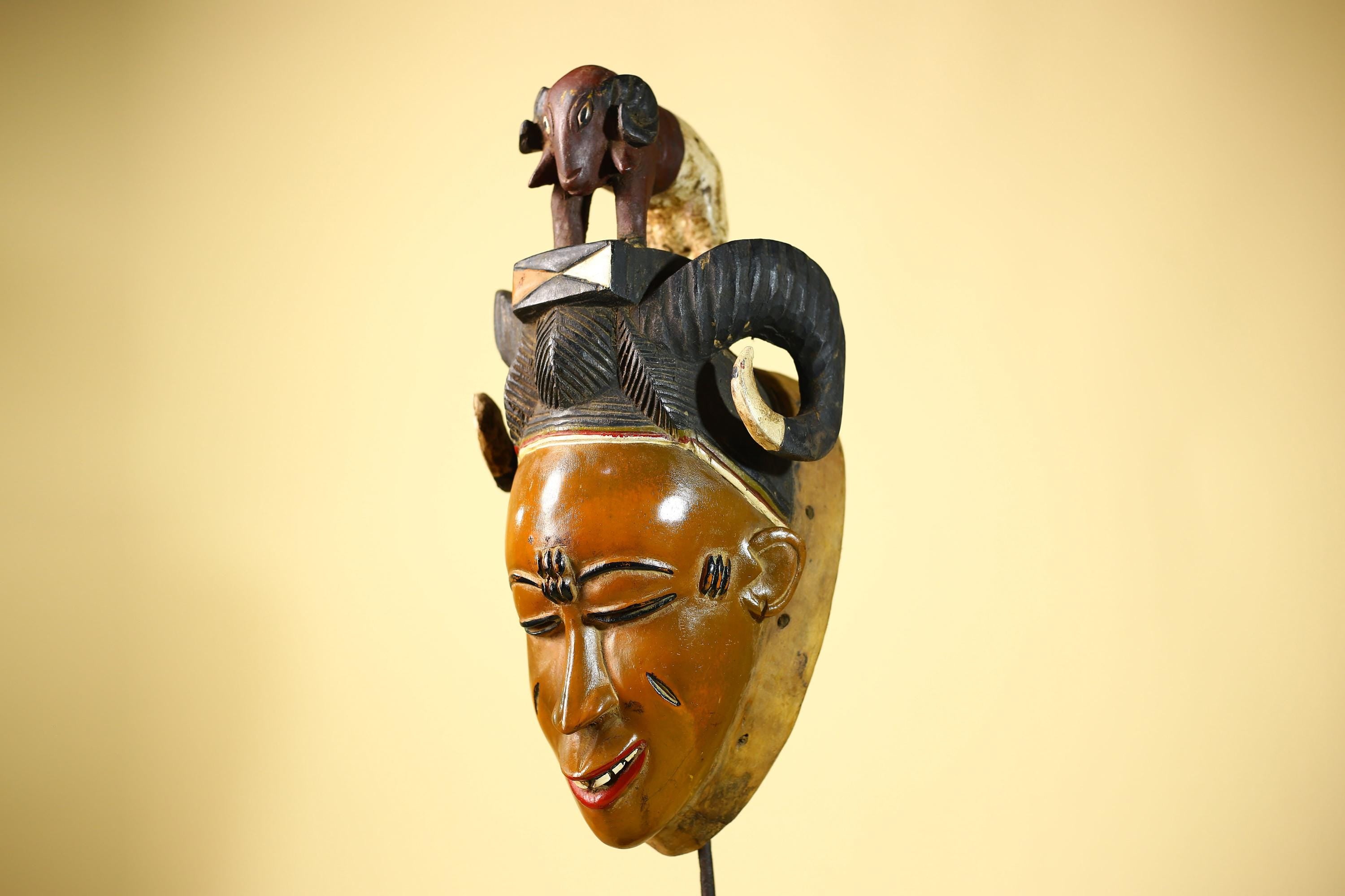 Vintage Guro African Mask with Ram Figure Hand Carved Wood Tribal Art-G6047
