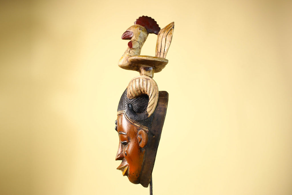Large Guro Mask with Rooster Figure African Tribal Wood Carved Mask Art-G6048