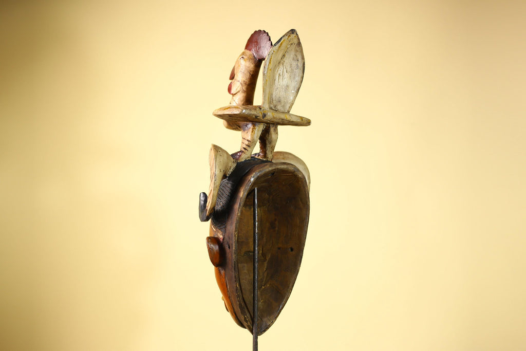 Large Guro Mask with Rooster Figure African Tribal Wood Carved Mask Art-G6048