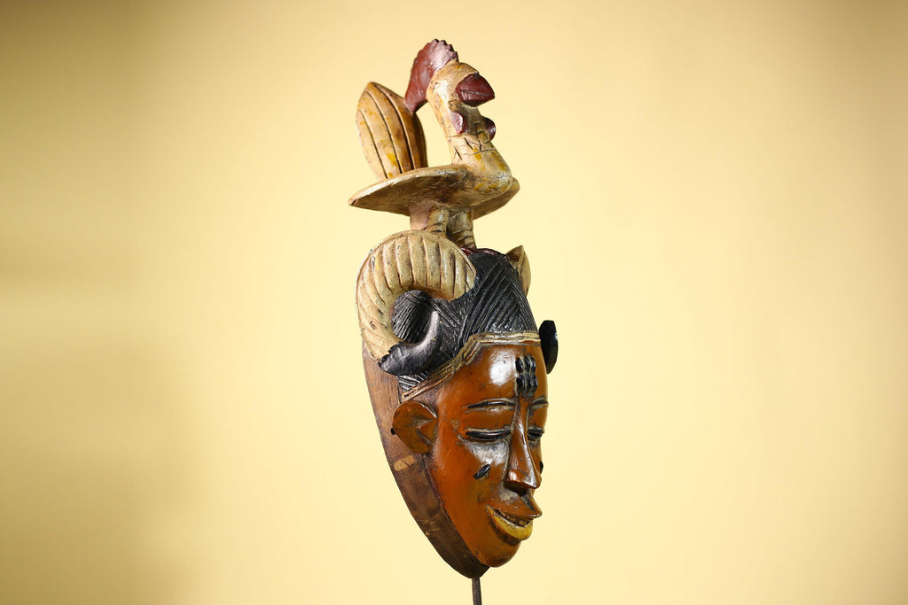 Large Guro Mask with Rooster Figure African Tribal Wood Carved Mask Art-G6048