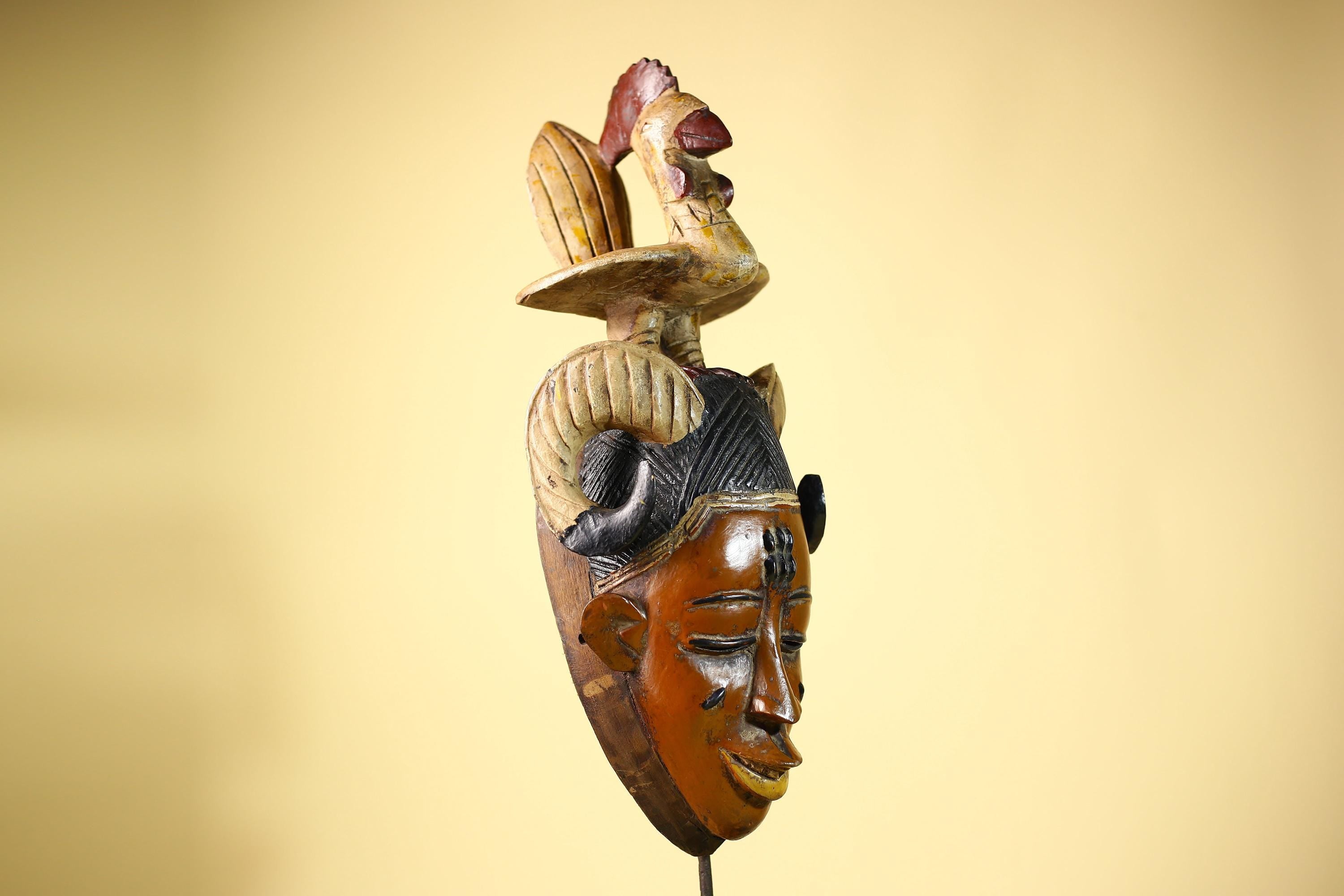 Large Guro Mask with Rooster Figure African Tribal Wood Carved Mask Art-G6048