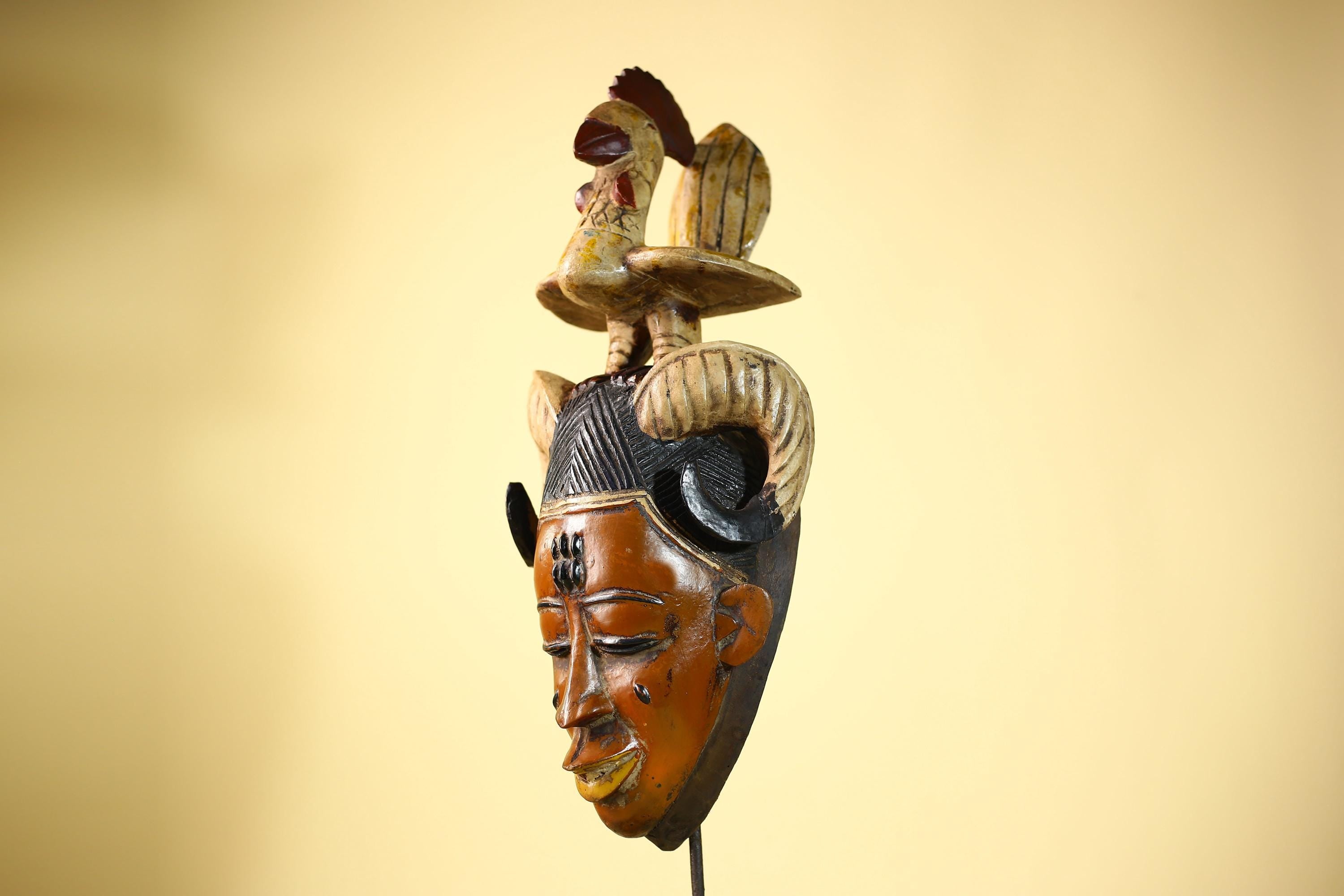 Large Guro Mask with Rooster Figure African Tribal Wood Carved Mask Art-G6048