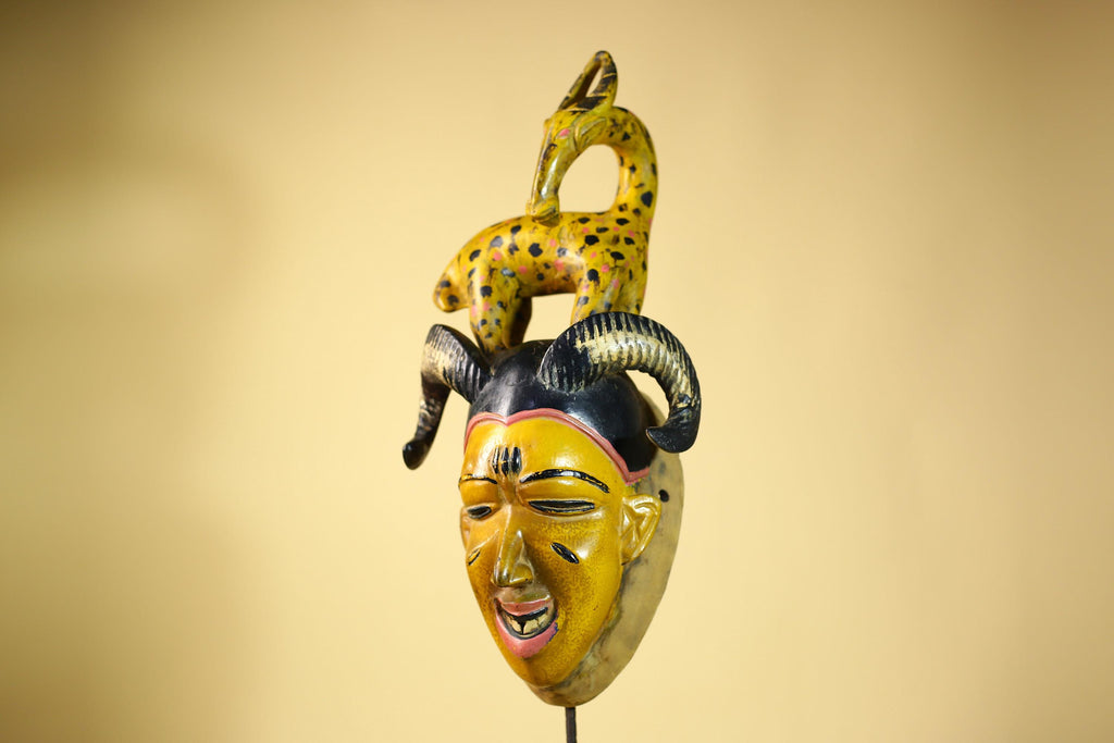 African Vintage Guro Tribal Mask with Spotted Antelope and Horns Figure Art-G6049
