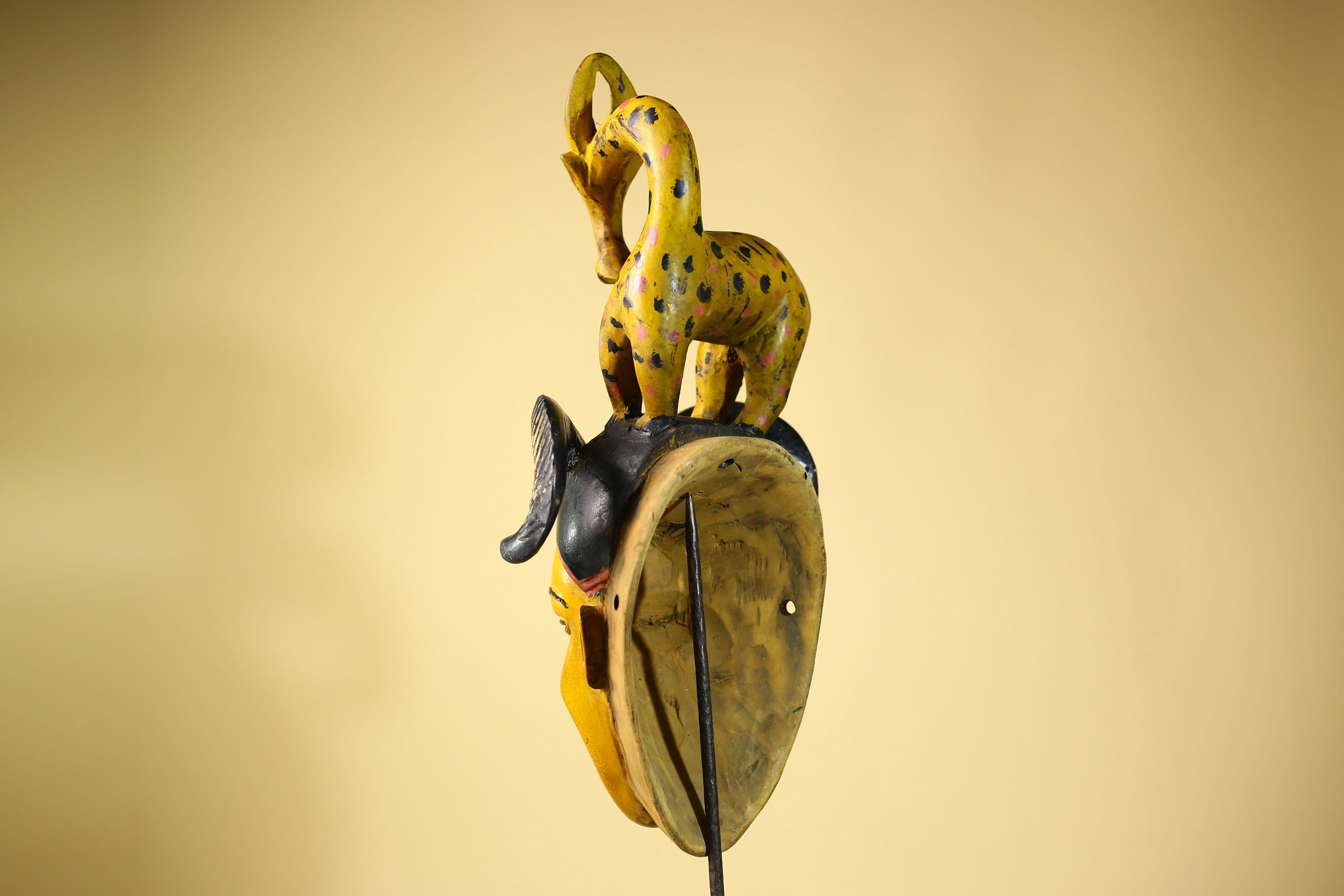 African Vintage Guro Tribal Mask with Spotted Antelope and Horns Figure Art-G6049