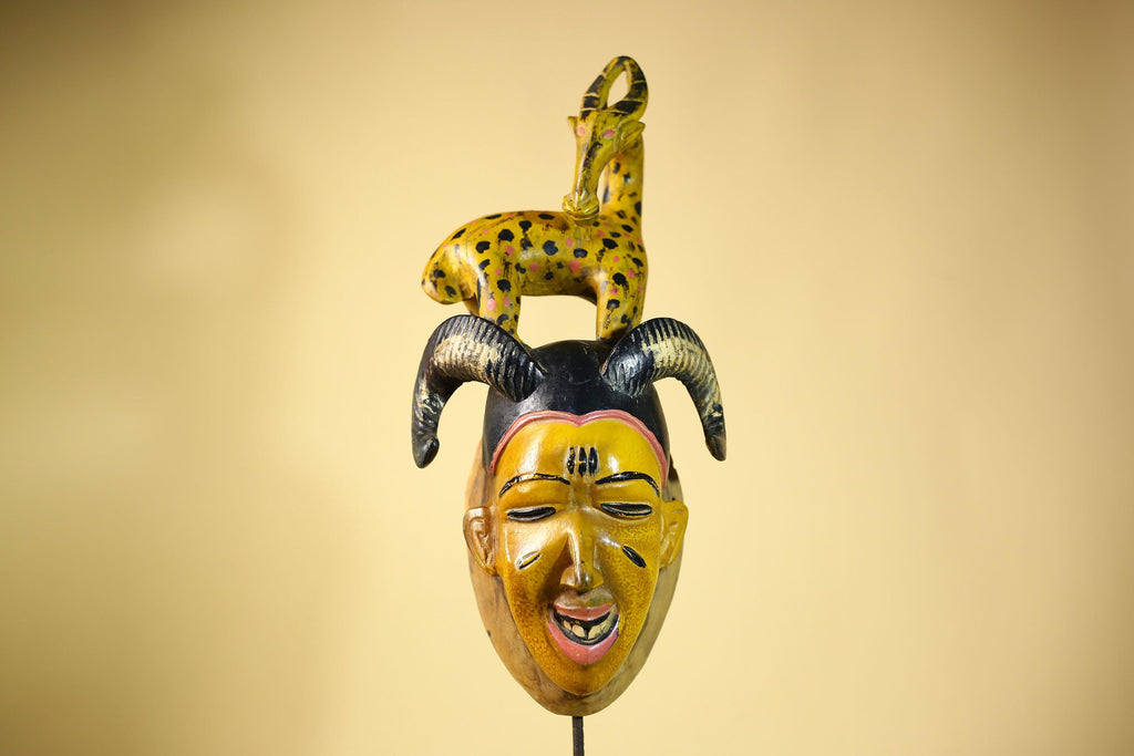 African Vintage Guro Tribal Mask with Spotted Antelope and Horns Figure Art-G6049