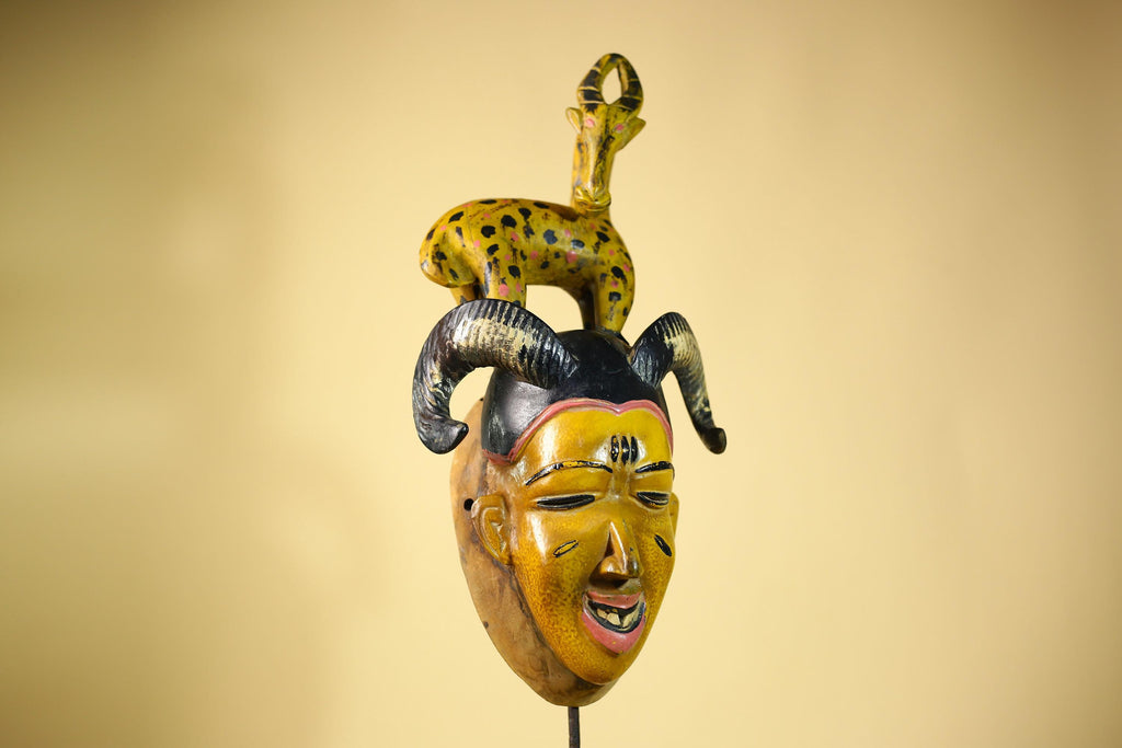 African Vintage Guro Tribal Mask with Spotted Antelope and Horns Figure Art-G6049