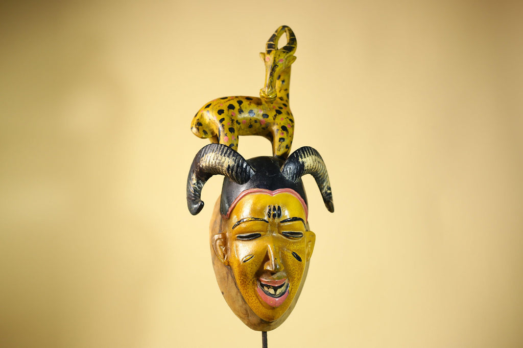 African Vintage Guro Tribal Mask with Spotted Antelope and Horns Figure Art-G6049