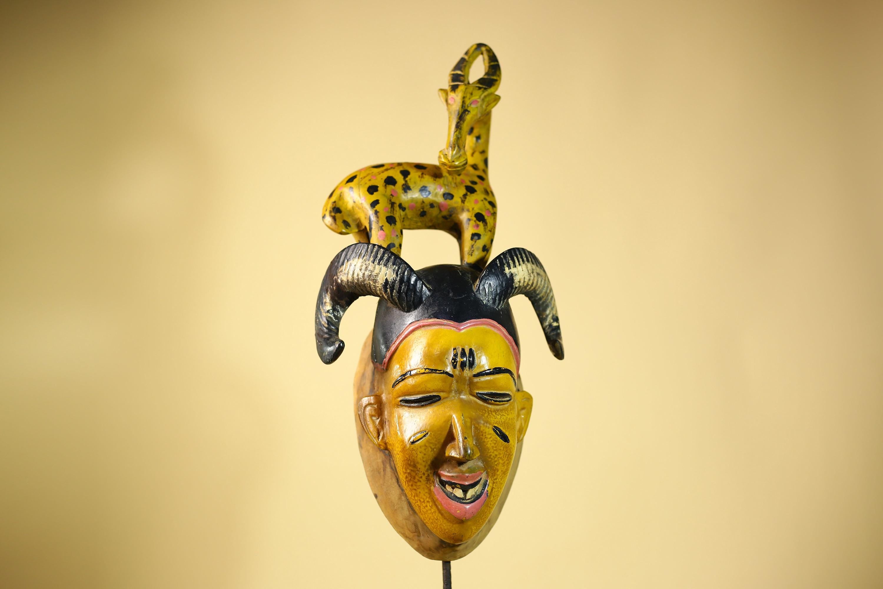 African Vintage Guro Tribal Mask with Spotted Antelope and Horns Figure Art-G6049