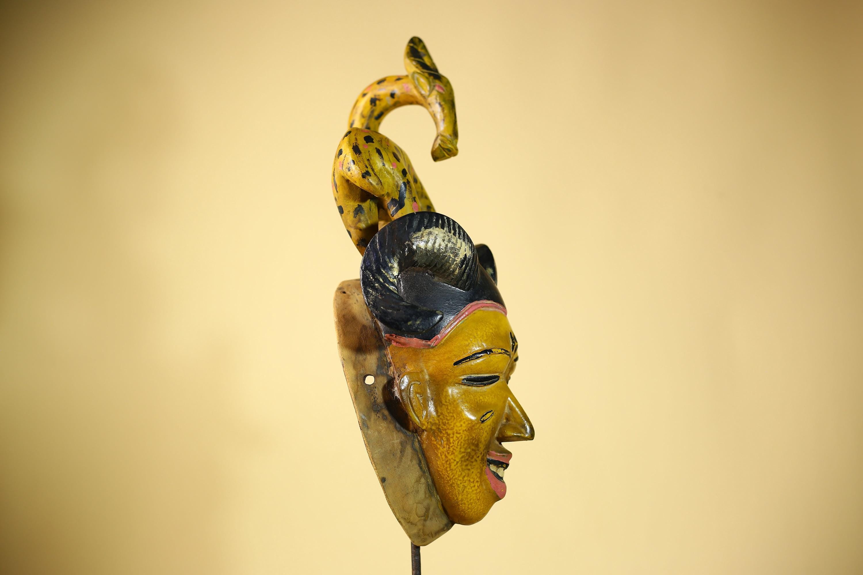 African Vintage Guro Tribal Mask with Spotted Antelope and Horns Figure Art-G6049