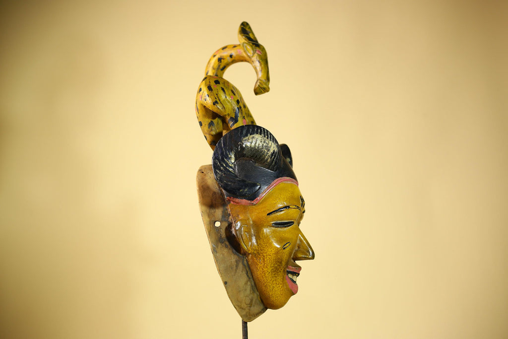 African Vintage Guro Tribal Mask with Spotted Antelope and Horns Figure Art-G6049