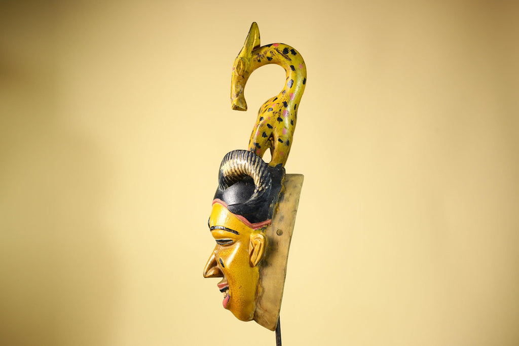 African Vintage Guro Tribal Mask with Spotted Antelope and Horns Figure Art-G6049