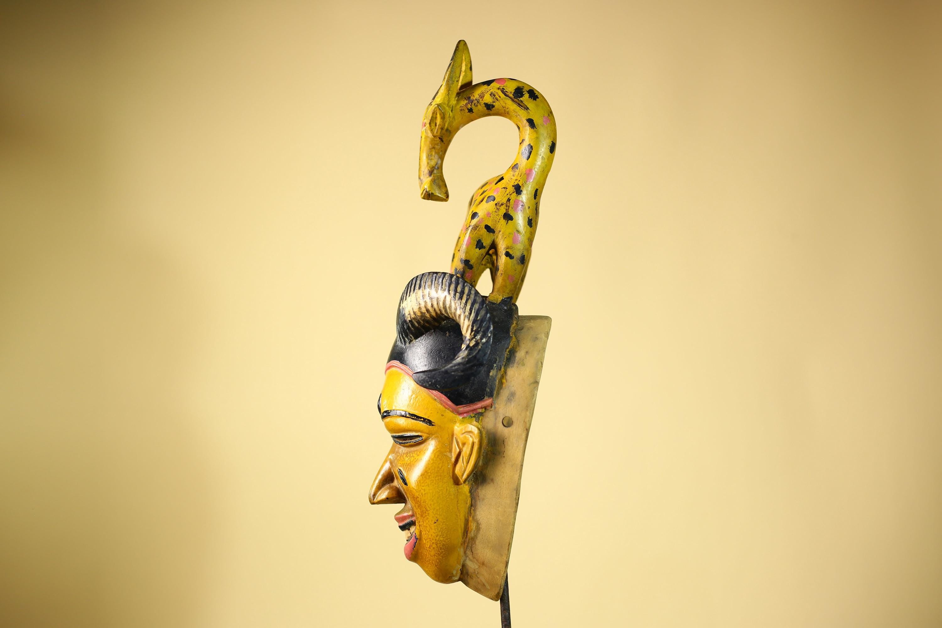 African Vintage Guro Tribal Mask with Spotted Antelope and Horns Figure Art-G6049