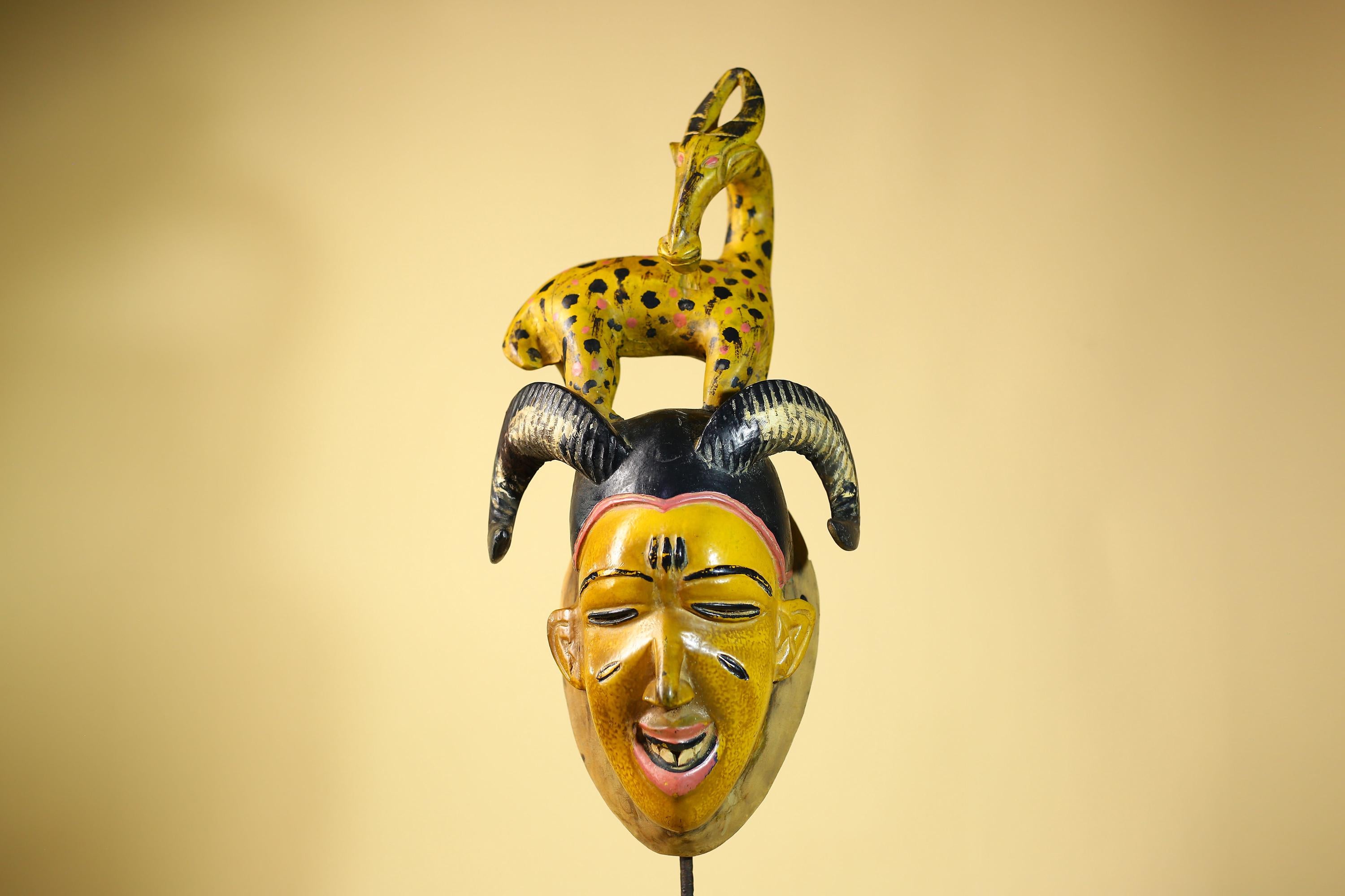 African Vintage Guro Tribal Mask with Spotted Antelope and Horns Figure Art-G6049