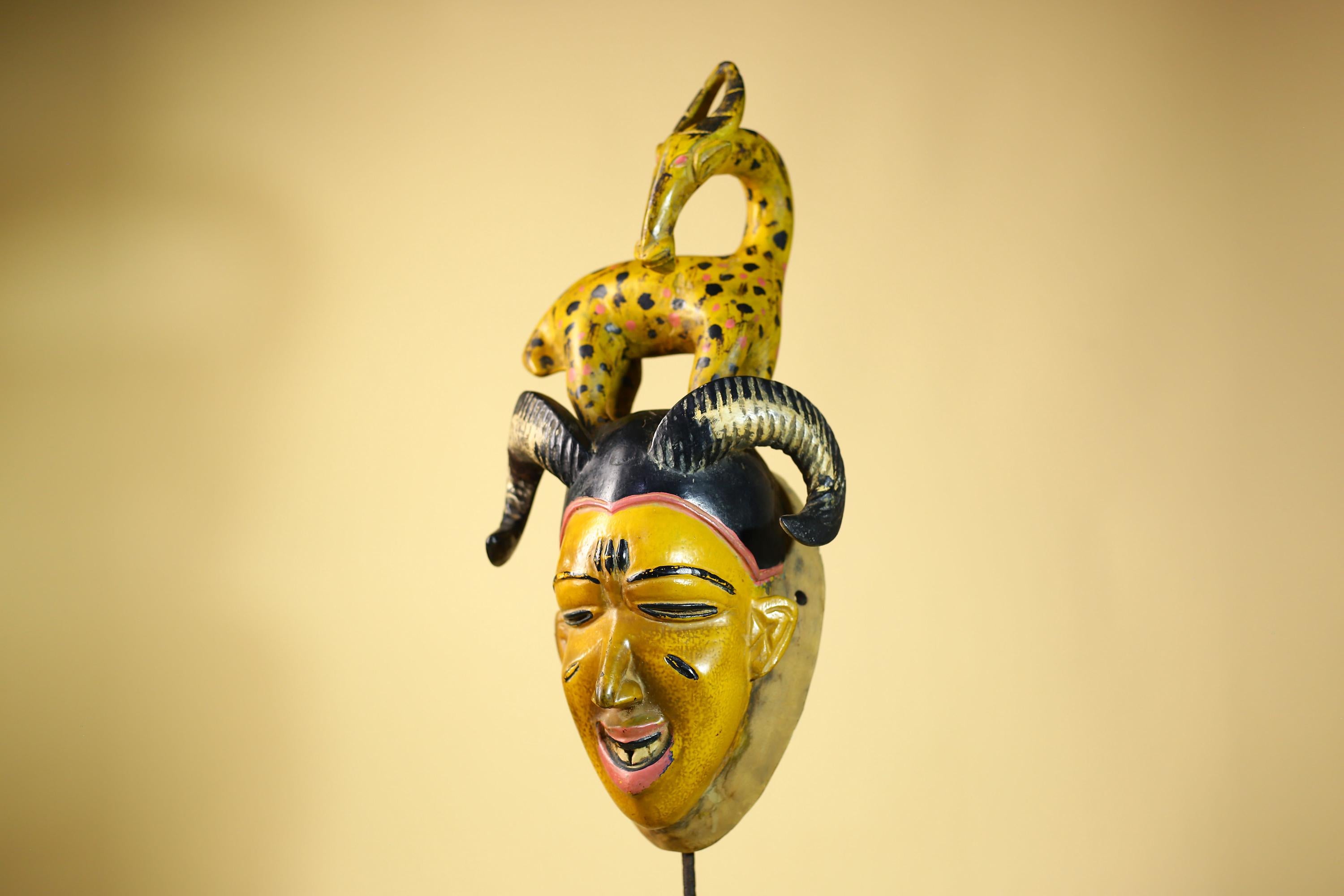 African Vintage Guro Tribal Mask with Spotted Antelope and Horns Figure Art-G6049