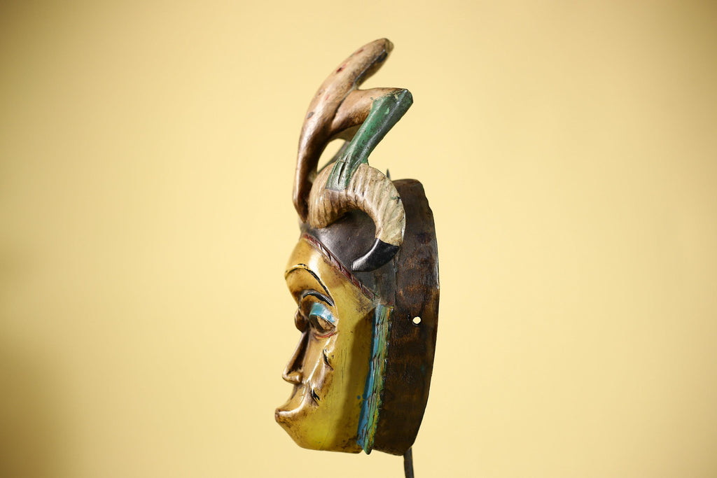 African Vintage Guro Mask with Horns & Carved Animal Top Tribal Art-G6050
