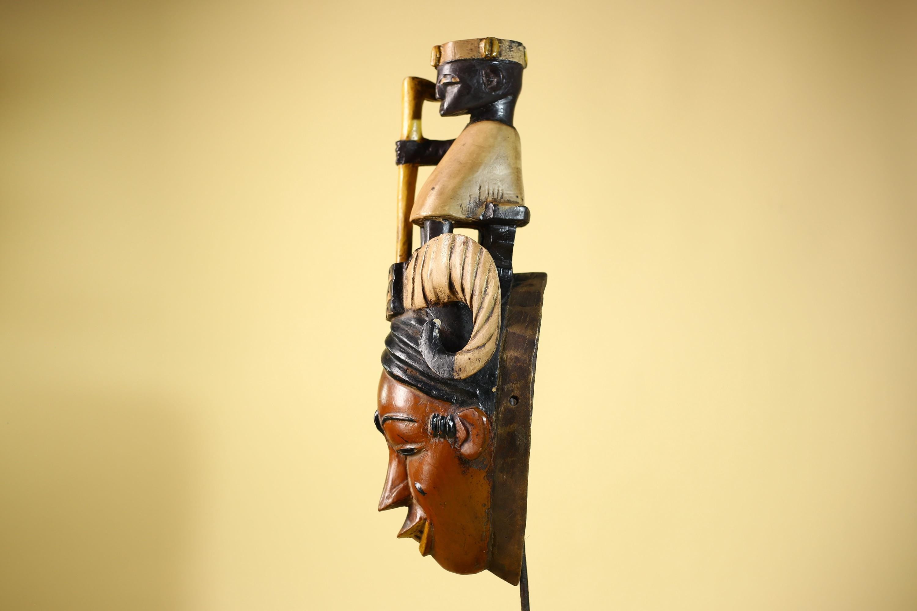 African Vintage Guro Mask With Figure & Horns Hand Carved Tribal Art Decor-G6051