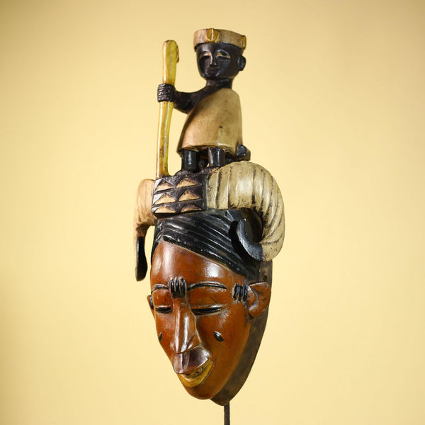 African Vintage Guro Mask With Figure & Horns Hand Carved Tribal Art Decor-G6051