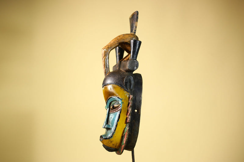 African Guro Mask with Bird Crest Hand Carved Tribal Art Wood Decor-G6052