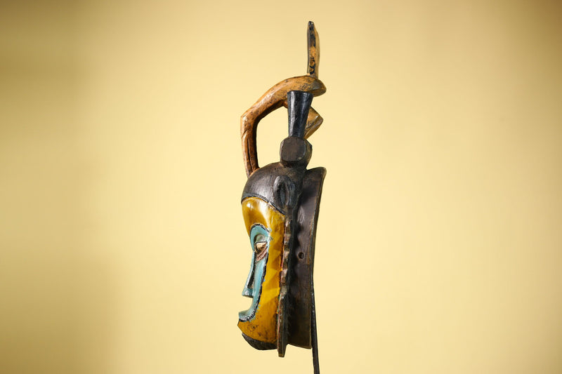 African Guro Mask with Bird Crest Hand Carved Tribal Art Wood Decor-G6052