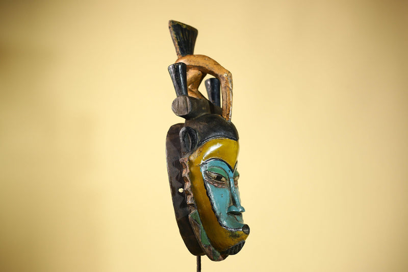 African Guro Mask with Bird Crest Hand Carved Tribal Art Wood Decor-G6052