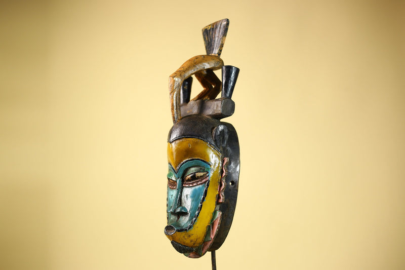 African Guro Mask with Bird Crest Hand Carved Tribal Art Wood Decor-G6052