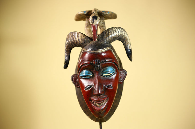 An African Hand Carved Guro Mask With Bird & Ram Horns Tribal Art Wall Decor-G6053