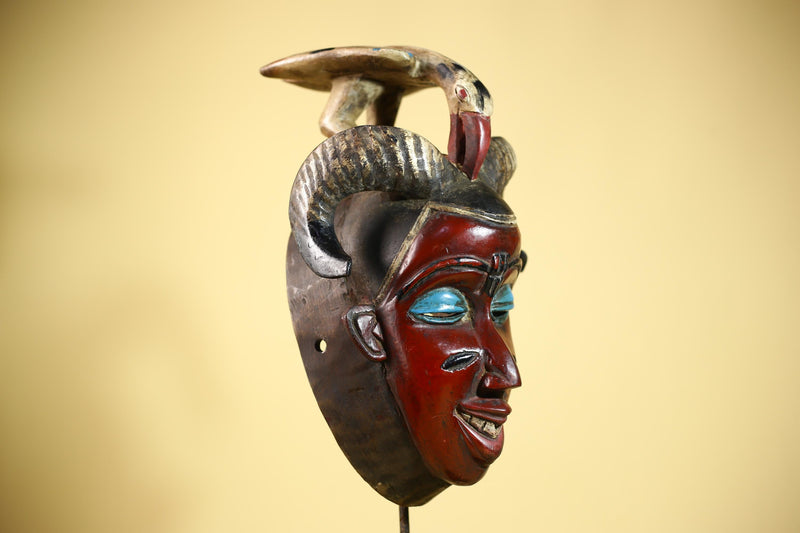 An African Hand Carved Guro Mask With Bird & Ram Horns Tribal Art Wall Decor-G6053