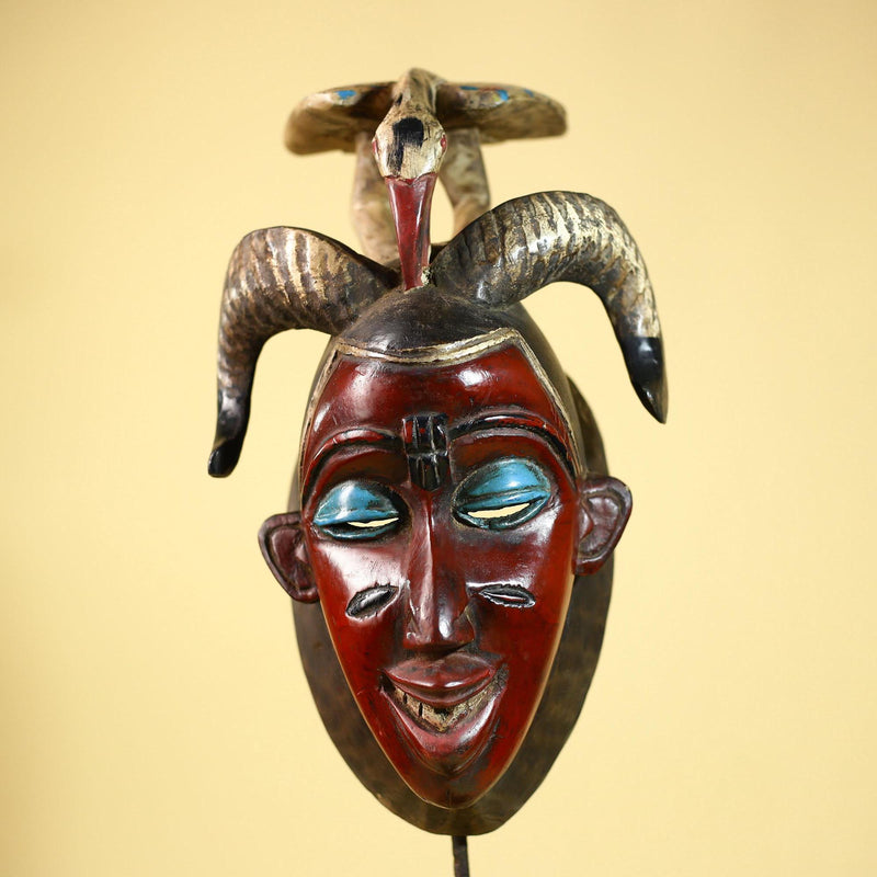 An African Hand Carved Guro Mask With Bird & Ram Horns Tribal Art Wall Decor-G6053