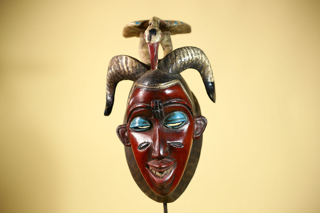 An African Hand Carved Guro Mask With Bird & Ram Horns Tribal Art Wall Decor-G6053