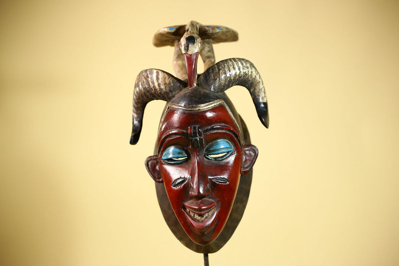 An African Hand Carved Guro Mask With Bird & Ram Horns Tribal Art Wall Decor-G6053