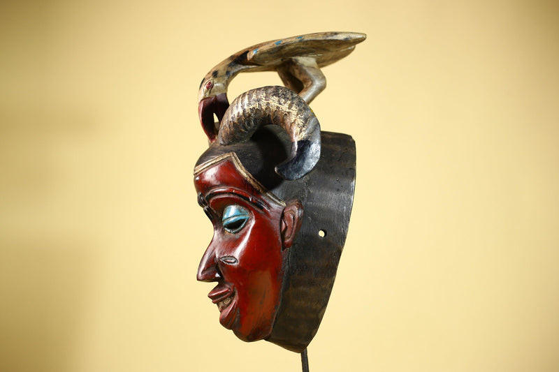 An African Hand Carved Guro Mask With Bird & Ram Horns Tribal Art Wall Decor-G6053