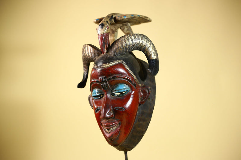 An African Hand Carved Guro Mask With Bird & Ram Horns Tribal Art Wall Decor-G6053