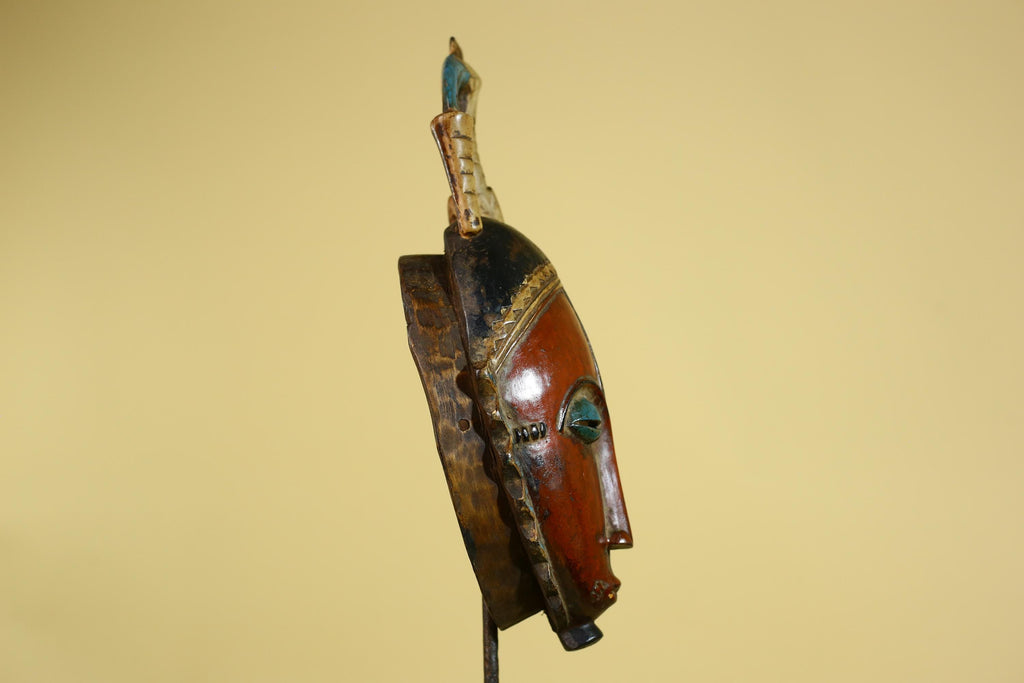 African Wooden Mask Baule Style Horned Headdress Tribal Wall Art-G6157