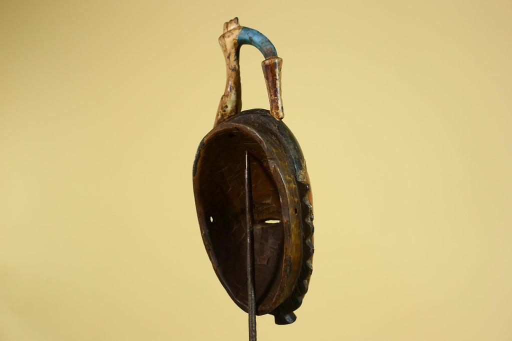 African Wooden Mask Baule Style Horned Headdress Tribal Wall Art-G6157