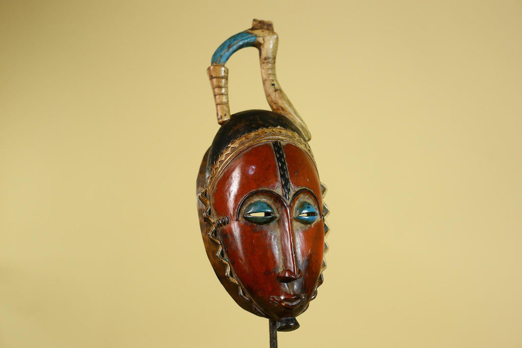 African Wooden Mask Baule Style Horned Headdress Tribal Wall Art-G6157