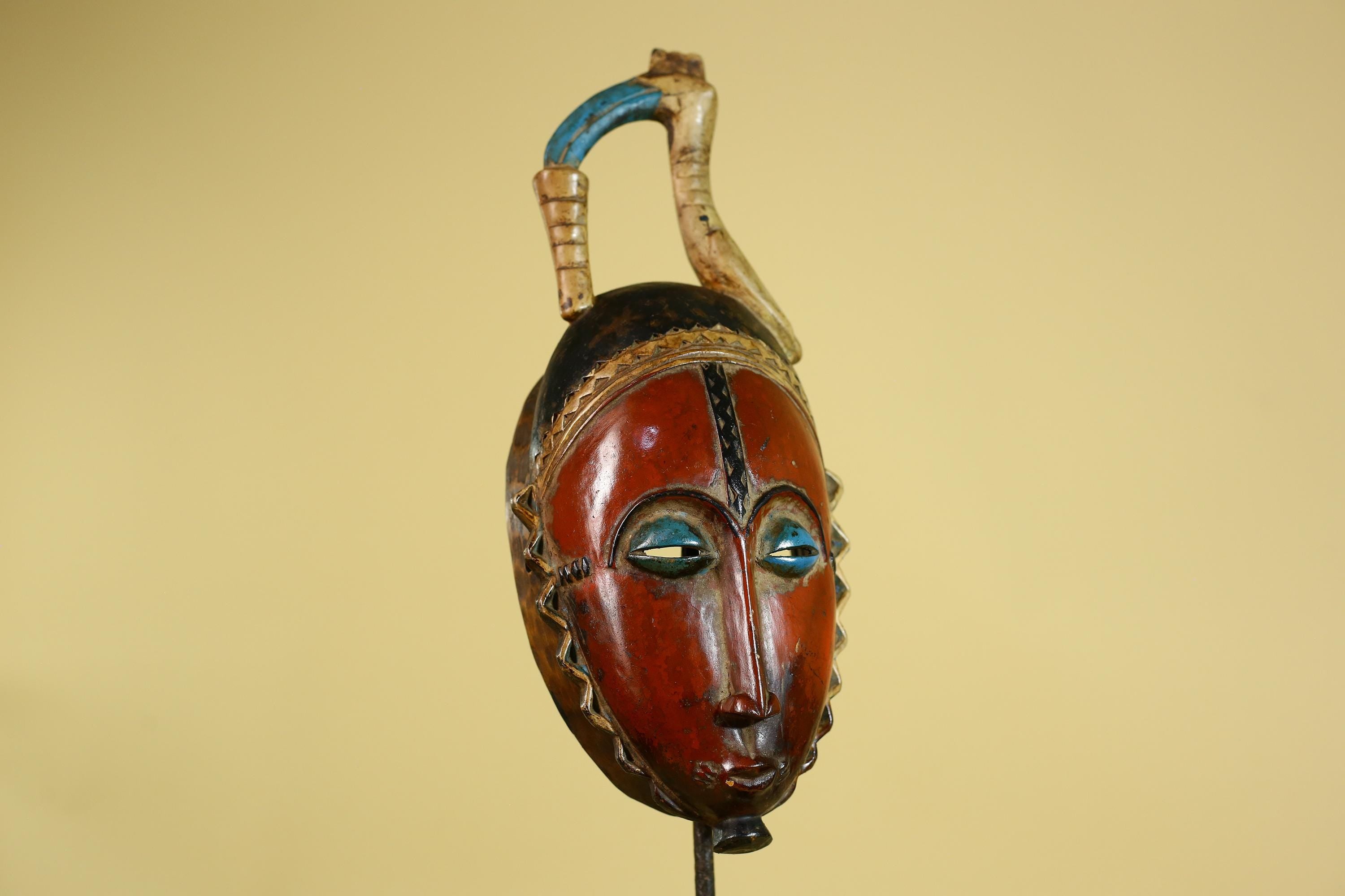 African Wooden Mask Baule Style Horned Headdress Tribal Wall Art-G6157