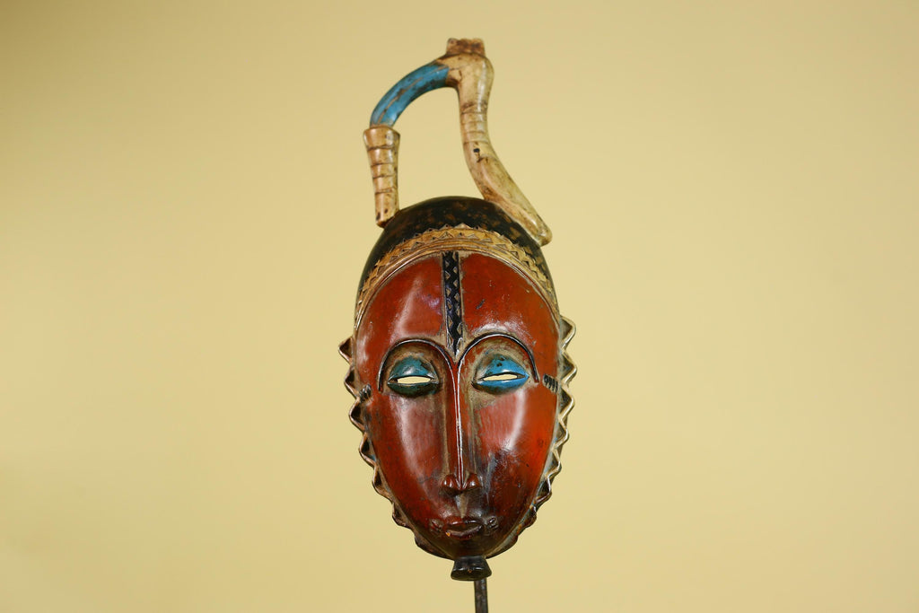African Wooden Mask Baule Style Horned Headdress Tribal Wall Art-G6157