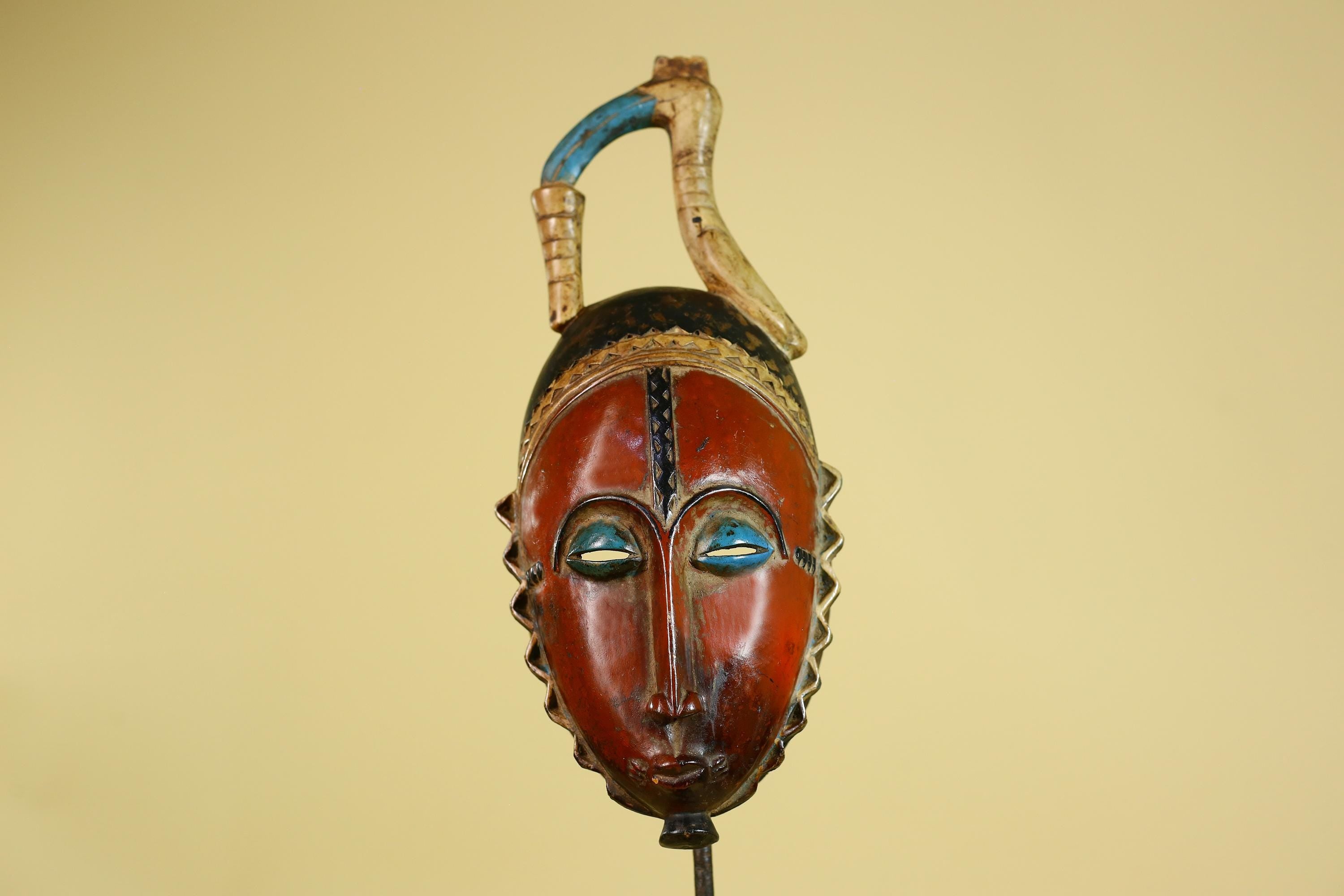 African Wooden Mask Baule Style Horned Headdress Tribal Wall Art-G6157
