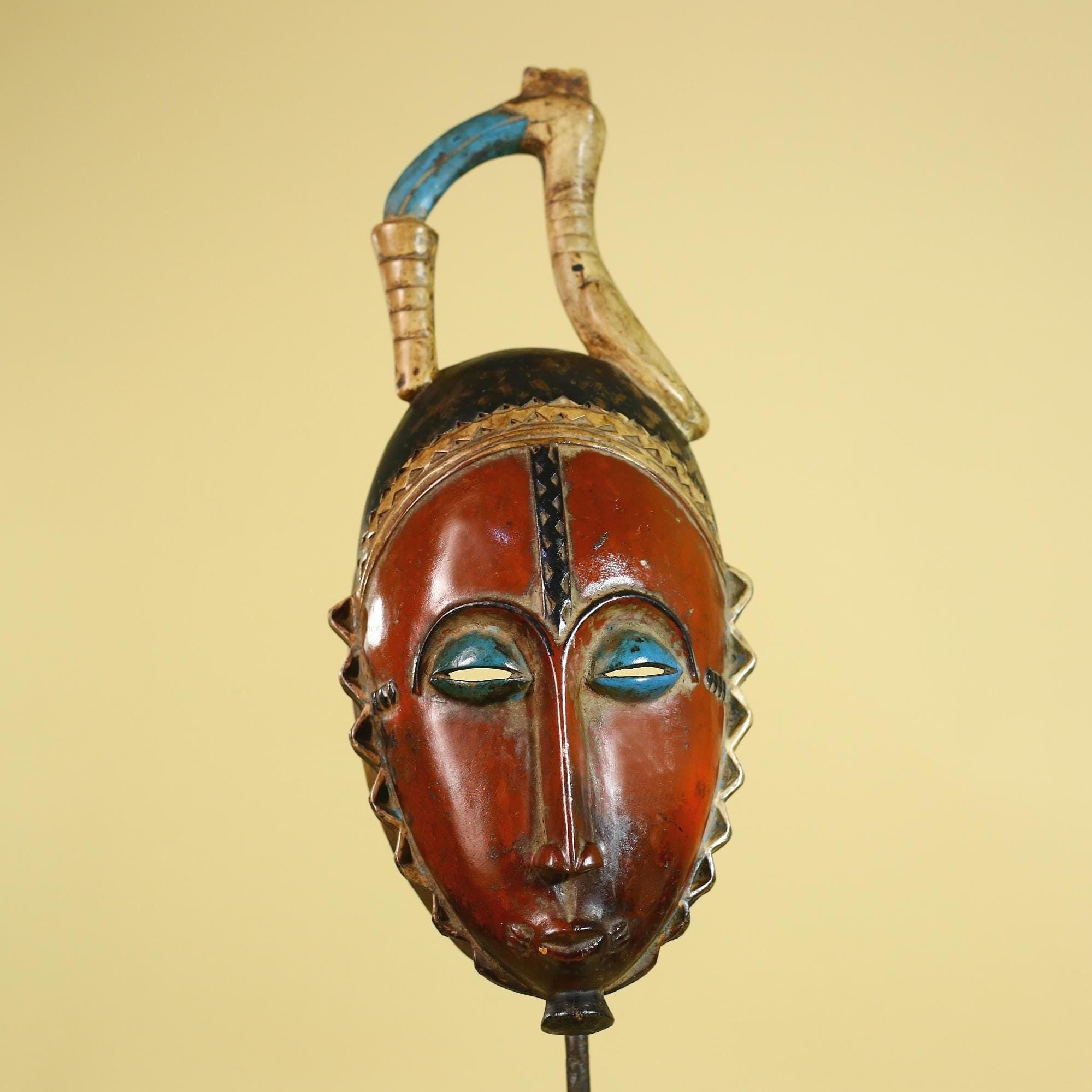 African Wooden Mask Baule Style Horned Headdress Tribal Wall Art-G6157