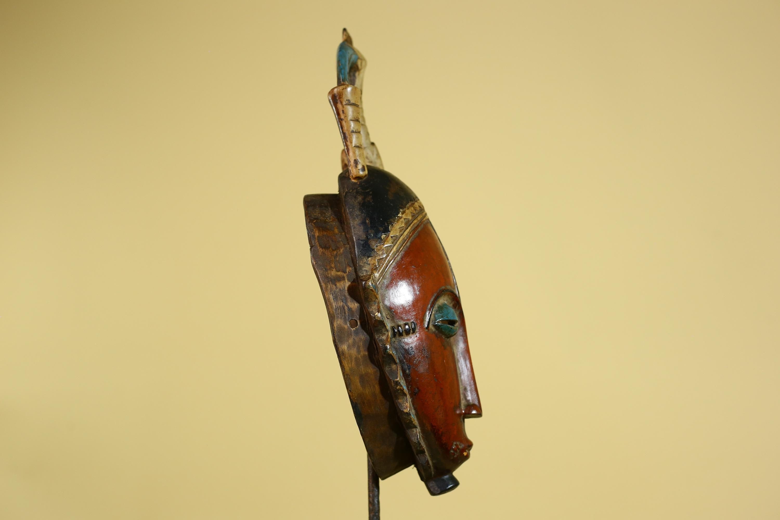 African Wooden Mask Baule Style Horned Headdress Tribal Wall Art-G6157