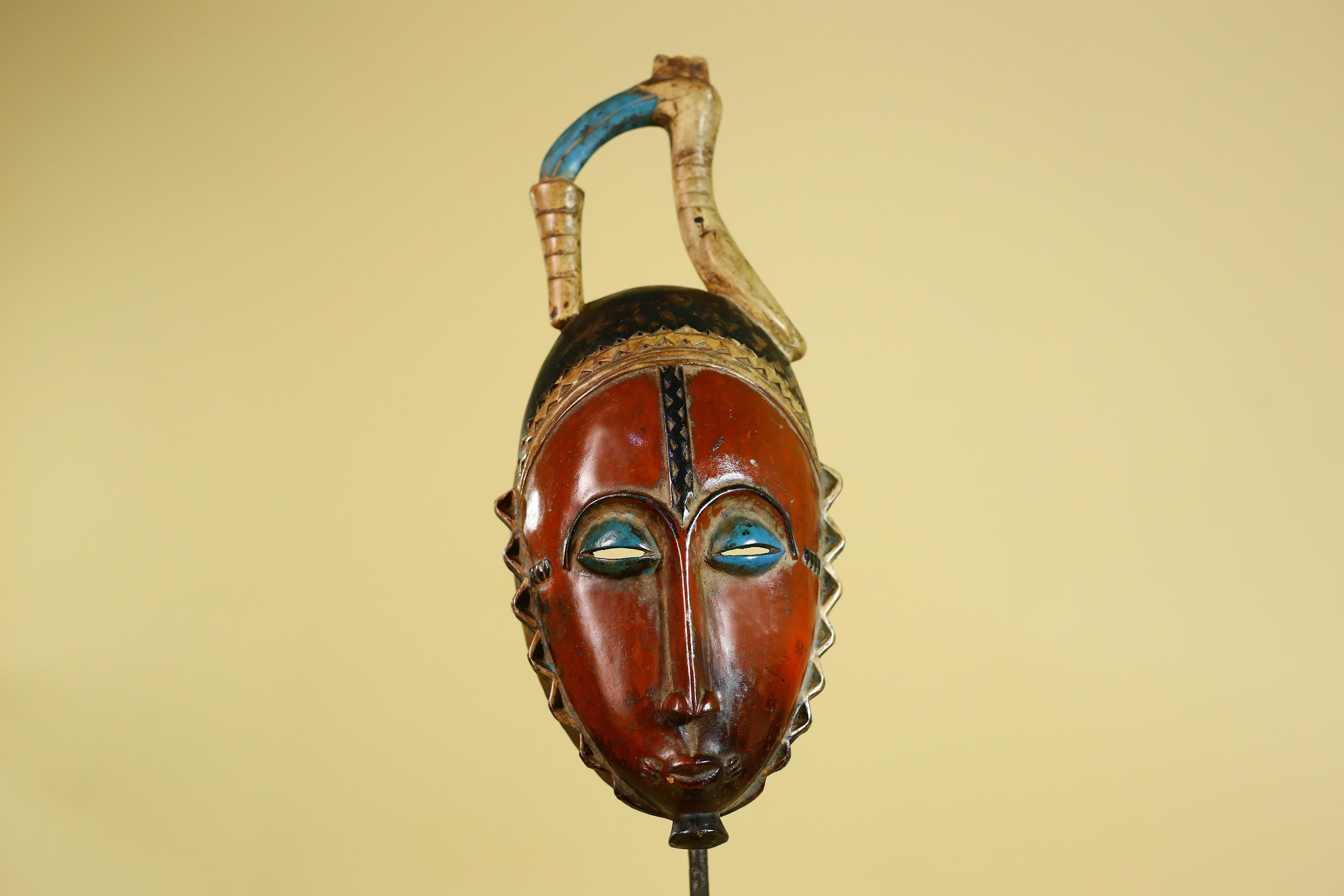African Wooden Mask Baule Style Horned Headdress Tribal Wall Art-G6157